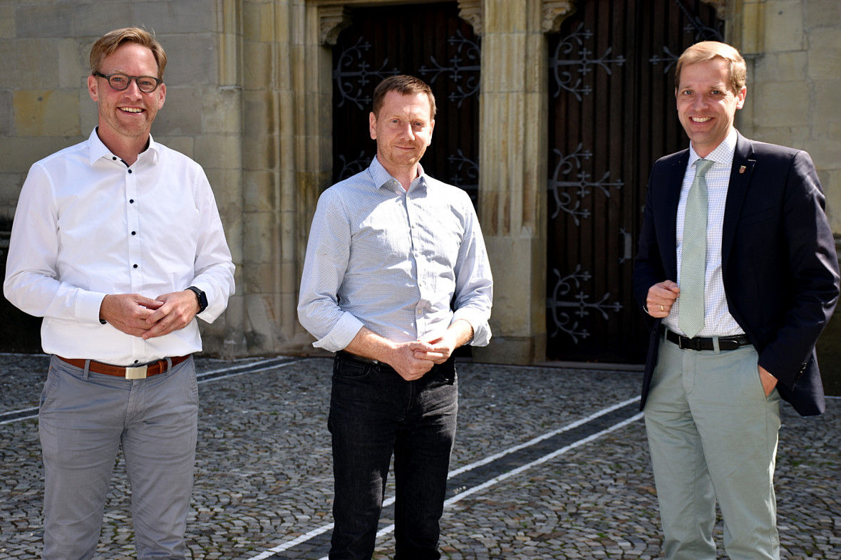 Marc Henrichmann, MdB, Michael Kretschmer und Dr. Christian Schulze Pellengahr im Austausch in Ldinghausen
