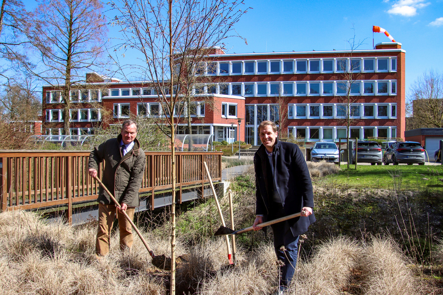 Stefan Grünert und Dr. Christian Schulze Pellengahr pflanzten nun eine Moorbirke am Kreisjugendamtsgebäude  in Coesfeld